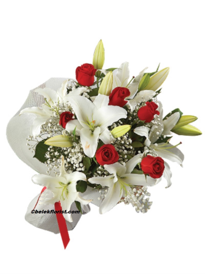  Belek Florist 5pc White Lilium & 7pc Red Rose Bouquet