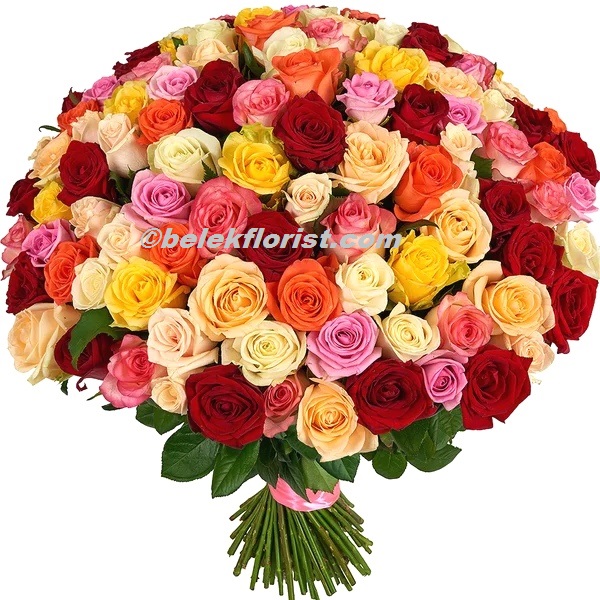  Заказ цветов в Белек  Разноцветные розы 101шт