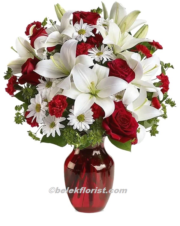 kutuda rengarenk Çiçekler Beyaz Lilyum Kırmızı Gül Aranjman 