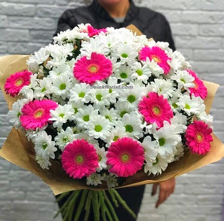  Belek Çiçek Gönder  Pembe Gerbera & Beyaz Krizantem Buket