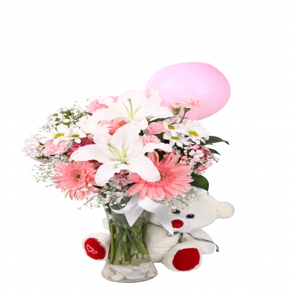  Belek Çiçekçiler Vazoda Pembe Gerbera Lilyum & Ayıcık Balon
