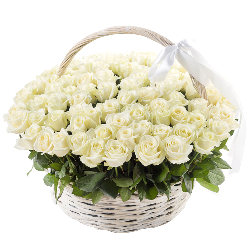  Заказ цветов в Белек  101 белая роза в корзине