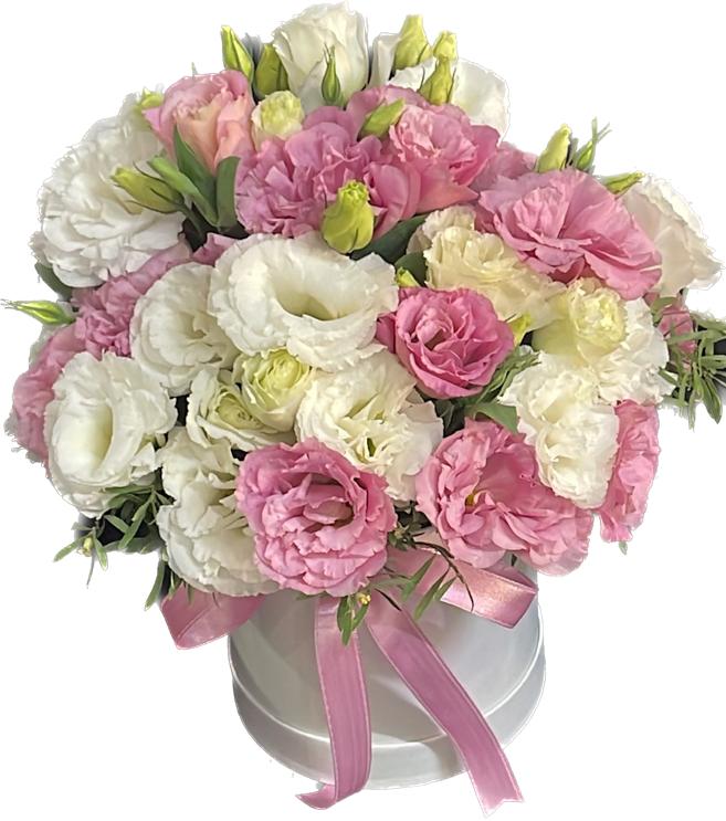 Заказ цветов в Белек  Композиция из розово-белых лизиантусов в белой коробке