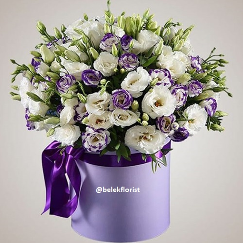  Заказ цветов в Белек  Фиолетово-белая сиреневая композиция в сиреневой коробке